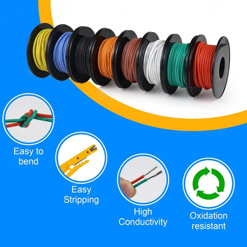 26 AWG Silicone Wire Spool Set, Stranded Tinned Copper Electrical Cable, 5m–15m Each Roll × 8 Colors, Flexible Hook Up Wire for LED Strip Lights, RC Models, DIY Electronics