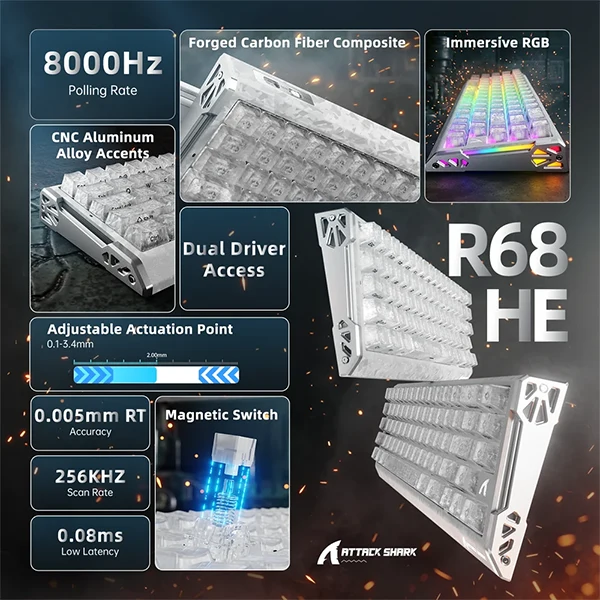ATTACK SHARK R68 HE Rapid Trigger Keyboard Magnetic Switch (Ice Ninja)