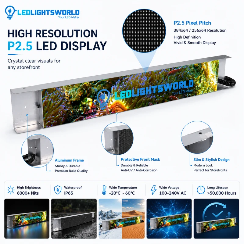 FR Series Framed Outdoor LED Shop Display – P2.5 · 160×960mm | Waterproof High-Brightness Screen for Storefronts & Building Exteriors