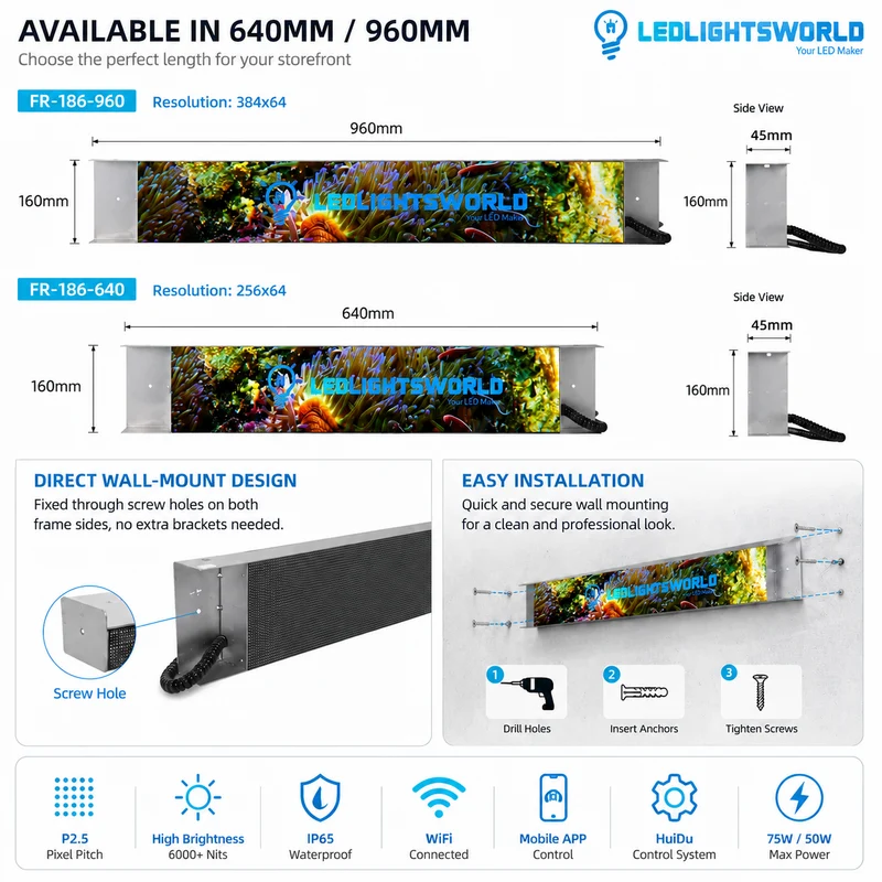 FR Series Framed Outdoor LED Shop Display – P2.5 · 160×960mm | Waterproof High-Brightness Screen for Storefronts & Building Exteriors