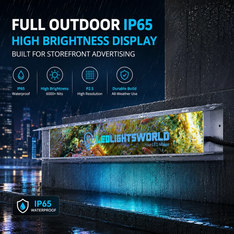 FR Series Framed Outdoor LED Shop Display – P2.5 · 160×960mm | Waterproof High-Brightness Screen for Storefronts & Building Exteriors