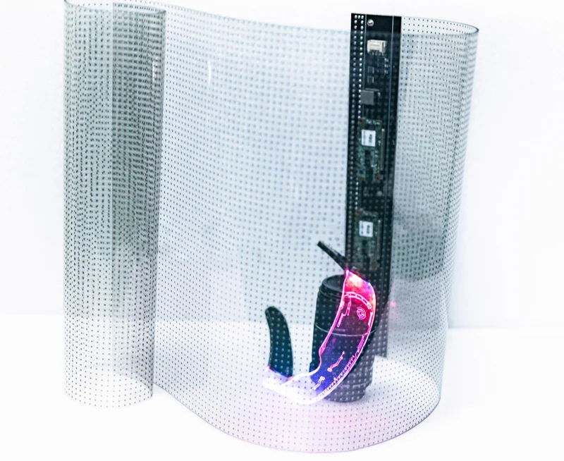 【Small Size Plug & Play】HCS Series P10 Transparent Adhesive LED Film – 240×600 mm (9.45×23.62 in) | 1500nits | High Transparency Glass Sticker Screen for Storefronts & Facades | Plug & Play