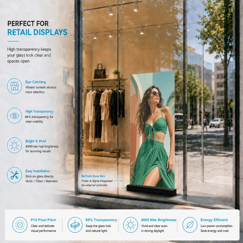 【Standard Modular Panel】HC Series P10 Large Panel Transparent Adhesive LED Film – 400×1000 mm (15.75×39.37 in) | 2000 / 4000nits | 94% / 89% Transparency Glass Sticker Display for Storefront Facades & Glass Walls | Multiple Kit Options | Plug & Play