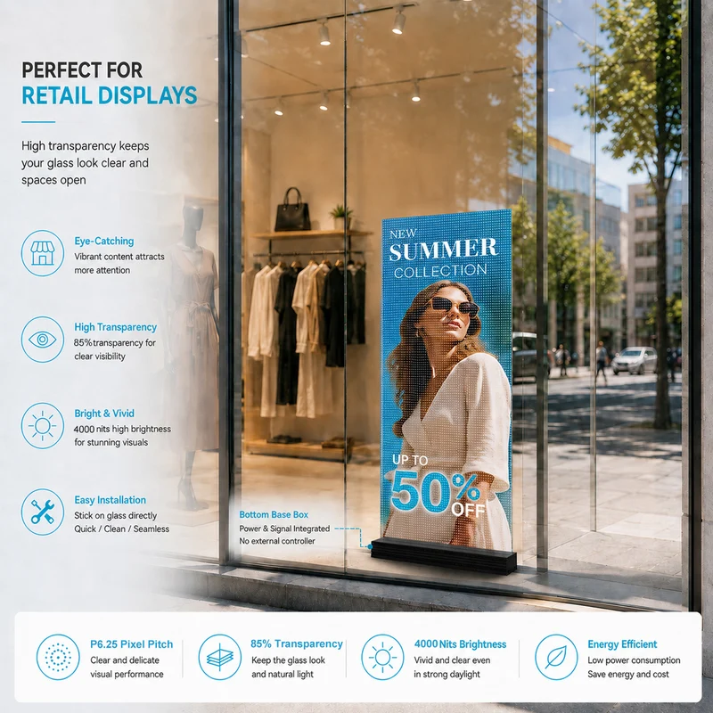 【Standard Modular Panel】HC Series P6.25 High Transparency Adhesive LED Film – 400×1000 mm (15.75×39.37 in) | 2000 / 4000nits | 92% / 85% Transparency Glass Sticker Display for Shopfronts & Interior Glass Walls | Multiple Kit Options | Plug & Play