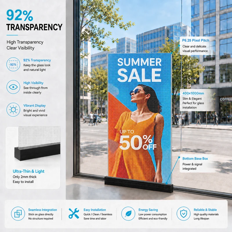 【Standard Modular Panel】HC Series P6.25 High Transparency Adhesive LED Film – 400×1000 mm (15.75×39.37 in) | 2000 / 4000nits | 92% / 85% Transparency Glass Sticker Display for Shopfronts & Interior Glass Walls | Multiple Kit Options | Plug & Play