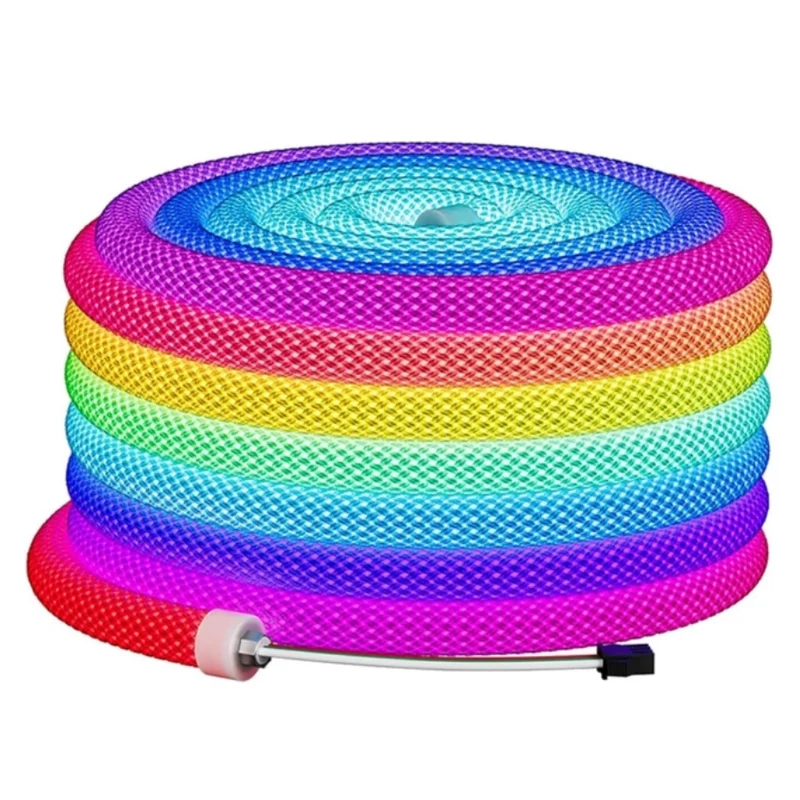 360° RGB Woven-Style Neon LED Light Strip | 5V 0.59‘’ Flexible Silicone Tube | Waterproof, Full-View Illumination, Plug & Play Kit with Controller (5m / 20 Rolls Options)