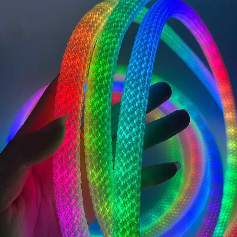360° RGB Woven-Style Neon LED Light Strip | 5V 0.59‘’ Flexible Silicone Tube | Waterproof, Full-View Illumination, Plug & Play Kit with Controller (5m / 20 Rolls Options)