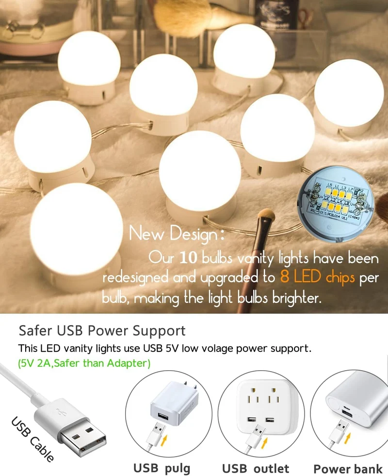 Hollywood Style LED Vanity Mirror Lights Kit with 10 3Colors Adjustable 1.77'' Light Bulbs, Perfect for Makeup Vanity Table Set in Dressing Room