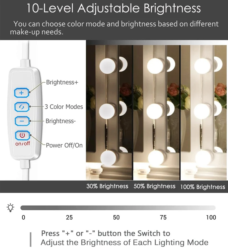 Hollywood Style LED Vanity Mirror Lights Kit with 10 3Colors Adjustable 1.77'' Light Bulbs, Perfect for Makeup Vanity Table Set in Dressing Room