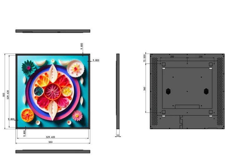 SL Series 29.5 Inch (529.4×529.4mm Viewable) 22mm Super Slim Square LCD Digital Screen, No Touch, Content Upload via Dadonlion Platform / USB Disk