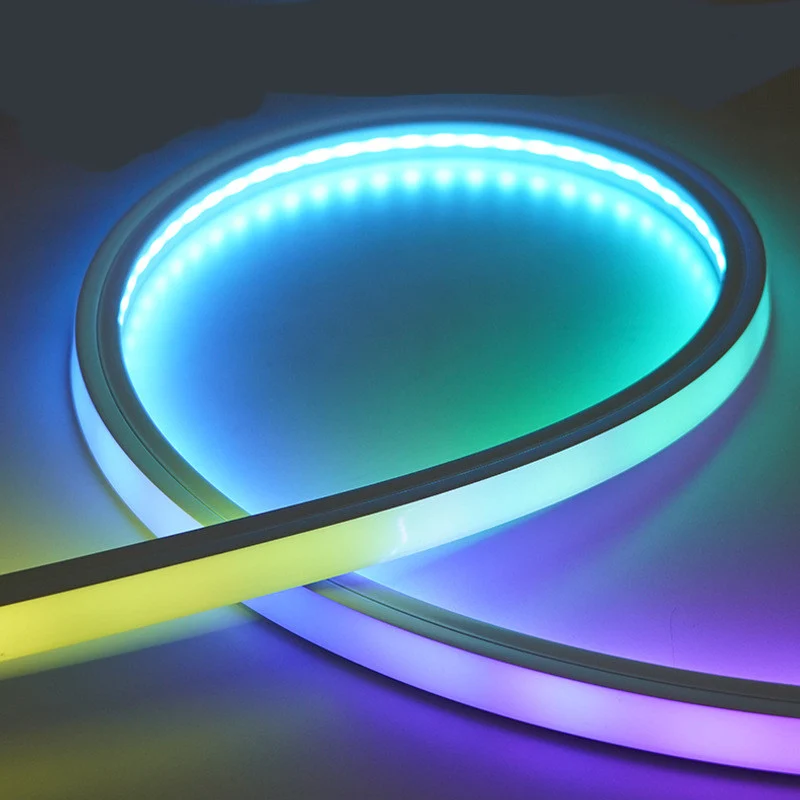 RGB Addressable Neon LED Strip Light | WS2812 SMD5050 60LEDs/M | 20×20mm Flexible Silicone Neon Rope | IP67 Waterproof | Top-Bend & Side-Bend Options | 5M Roll Kit with Power Adapter & Controller