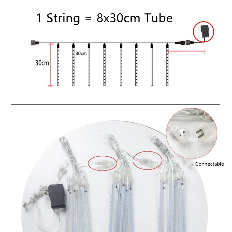 3PCS Pack of Christmas Lights Meteor Shower Rain Lights 8 Tube 12 Inch Waterproof Plug in Falling Rain Fairy String Lights for Halloween Christmas Holiday Party Home Patio Outdoor Decoration