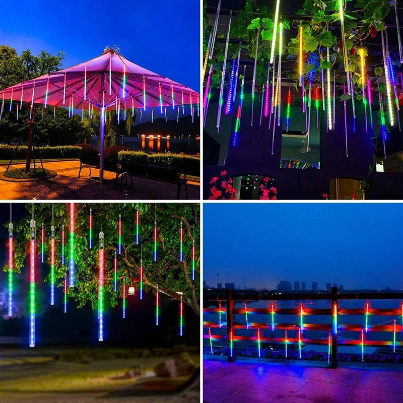 3PCS Pack of Christmas Lights Meteor Shower Rain Lights 8 Tube 12 Inch Waterproof Plug in Falling Rain Fairy String Lights for Halloween Christmas Holiday Party Home Patio Outdoor Decoration