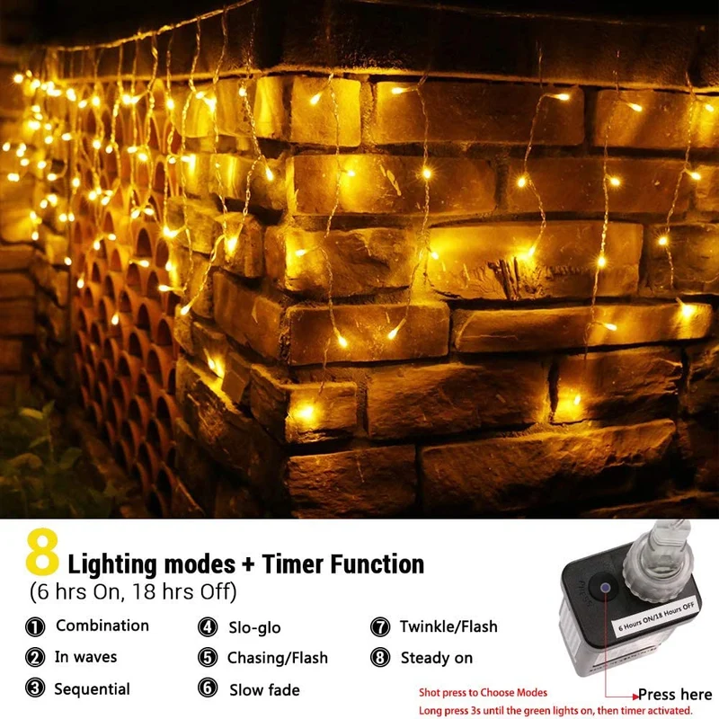2PCS Pack of Christmas Icicle Lights Outdoor, 400 LEDs 32.8ft 8 Modes Fairy Icicle String Lights with 75 Drops, LED Christmas Twinkle Lights for Holiday, Party, Wedding, Christmas Decorations