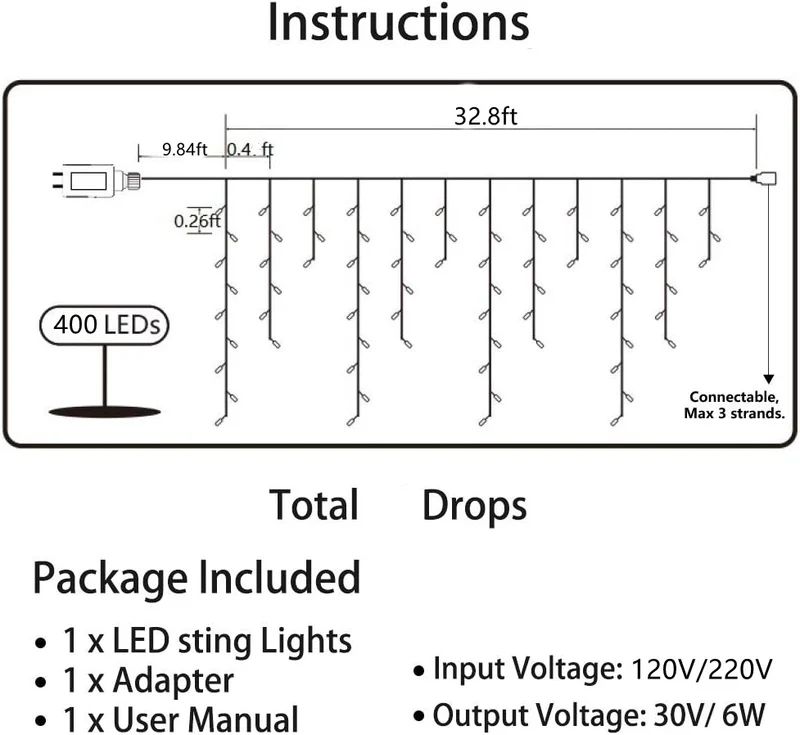 2PCS Pack of Christmas Icicle Lights Outdoor, 400 LEDs 32.8ft 8 Modes Fairy Icicle String Lights with 75 Drops, LED Christmas Twinkle Lights for Holiday, Party, Wedding, Christmas Decorations