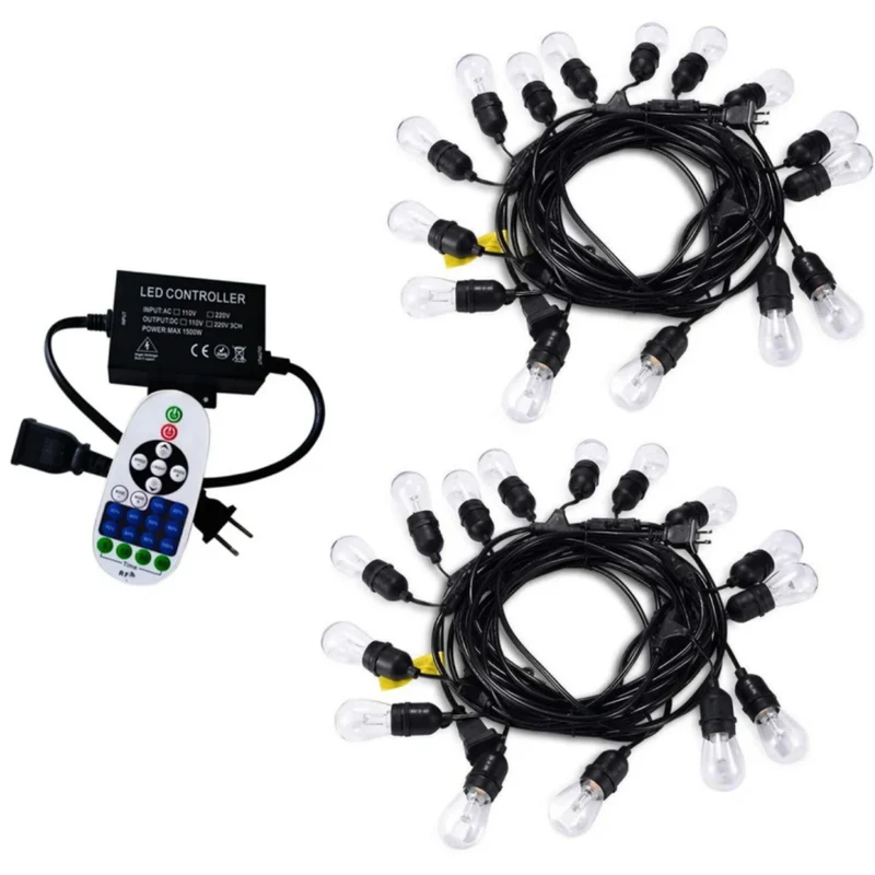 Dimmable Waterproof LED Outdoor String Lights - Hanging, 2W Edison Bulbs - 48Ft Commercial Lights for Decor for Patio, Backyard, Garden, Bistro S14 Black - Warm White, with Dimmer, Complete Led String Lights Kit(2Pack-48FT And 1pcs Dimmer)
