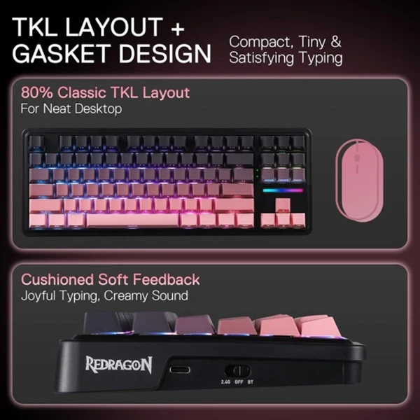 Redragon K728 Antonium Pro Wireless Mechanical Keyboard (Tide Pink)