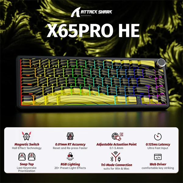 ATTACK SHARK X65 PRO HE Wireless Rapid Trigger Magnetic Switch (Yellow Contours)