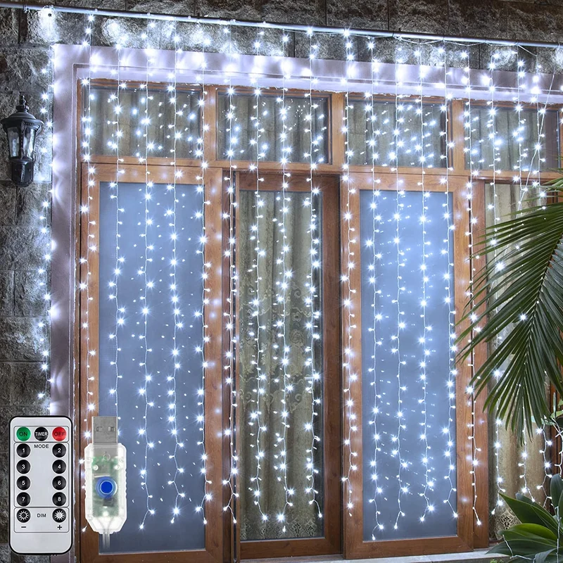 300 LED Curtain Lights 9.8FT by 9.8FT, 8 Lighting Modes White Color Window Curtain String Lights with Remote USB Powered, Home Party Christmas Indoor Outdoor Decor