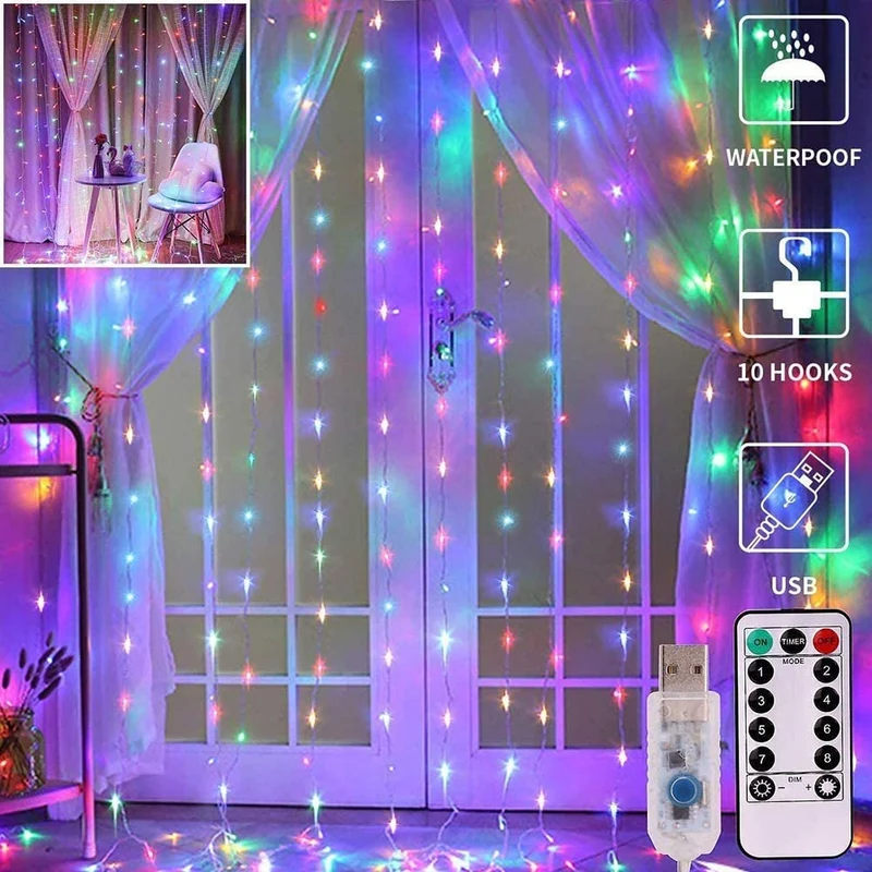 300 LED Curtain Lights 9.8FT by 9.8FT, 8 Lighting Modes Multi-color Window Curtain String Lights with Remote USB Powered, Home Party Christmas Bedroom Indoor Outdoor Decor