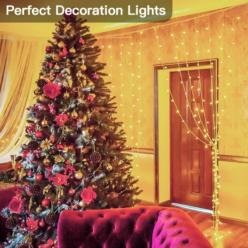 300 LED Curtain Lights 9.8FT by 9.8FT, 8 Lighting Modes Warm White Window Curtain String Lights with Remote USB Powered, Home Party Christmas Bedroom Indoor Outdoor Decor