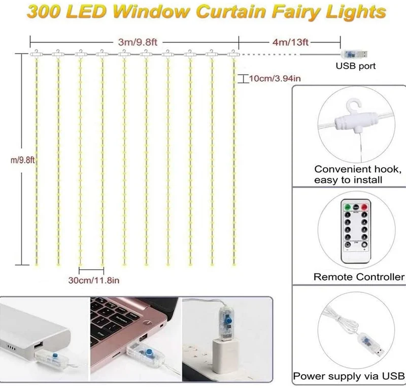 300 LED Curtain Lights 9.8FT by 9.8FT, 8 Lighting Modes Warm White Window Curtain String Lights with Remote USB Powered, Home Party Christmas Bedroom Indoor Outdoor Decor