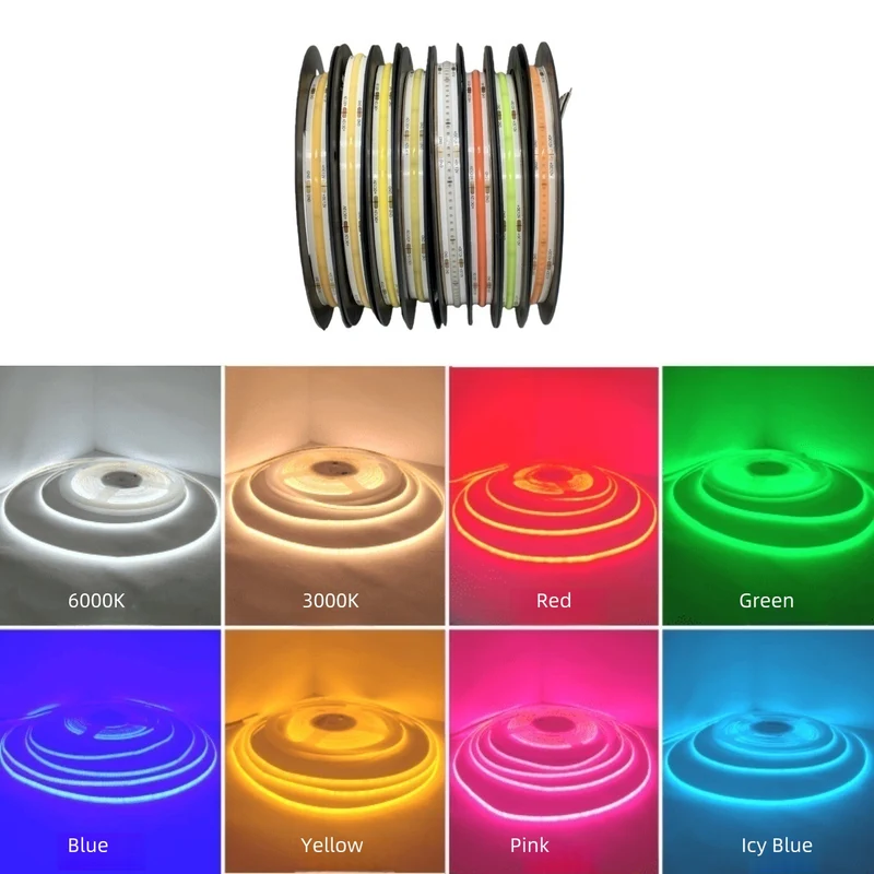 8MM Wide COB Flexible LED Strip Light - 12V / 24V | 320 / 480 / 512 LEDs/M | 3000K / 4000K / 6500K / Red / Blue / Green / Pink / Yellow | 8mm PCB | CRI 80+ | Dot-Free Continuous Lighting | Non-Waterproof | for Cabinets,Kitchen Office Lighting | 5/50M